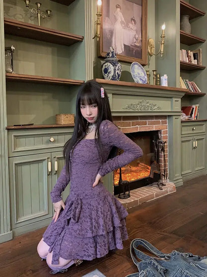 Lace-Inspired Slim-Waist Y2K Tunic Dress