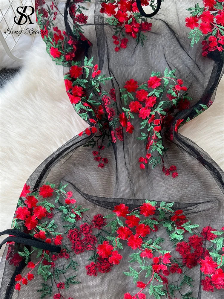 Floral Elegance: Chinese Style Mid-Calf Dress
