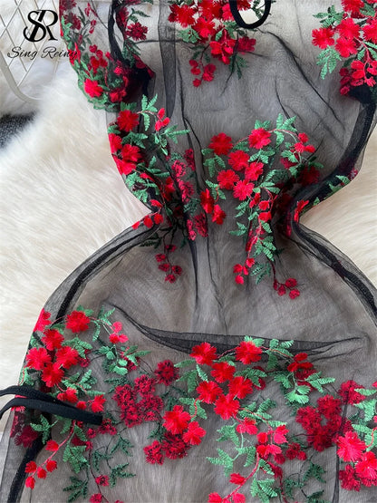 Floral Elegance: Chinese Style Mid-Calf Dress