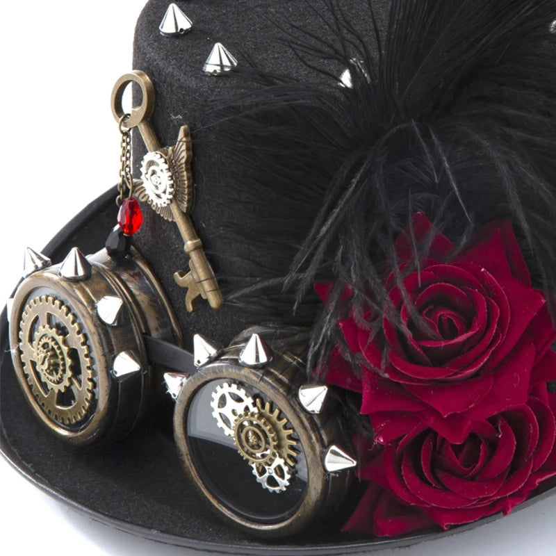 Victorian Steampunk Hat with Rose Chain & Feathers
