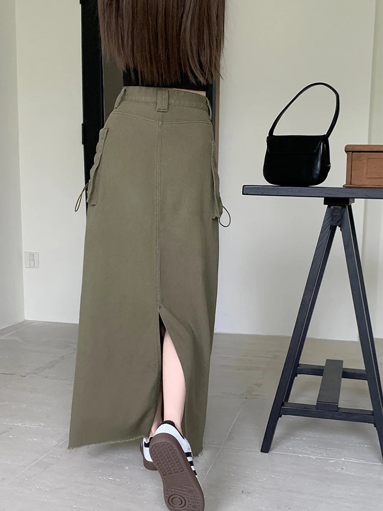 Cargo Denim High Waist Long Jeans Skirt