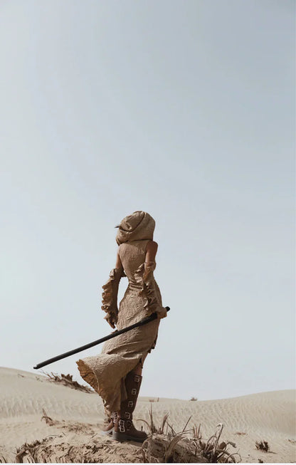 Desert Chic: 2-Piece Hooded Dress & Oversleeves Set