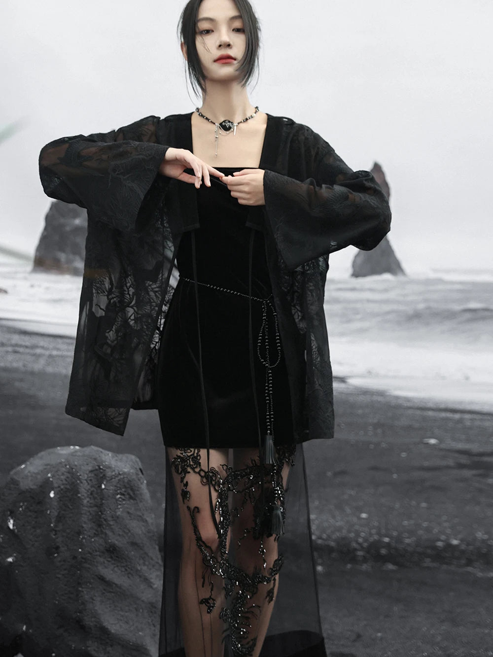 Summer Elegance: Crane Emblem Black Jacket for Women