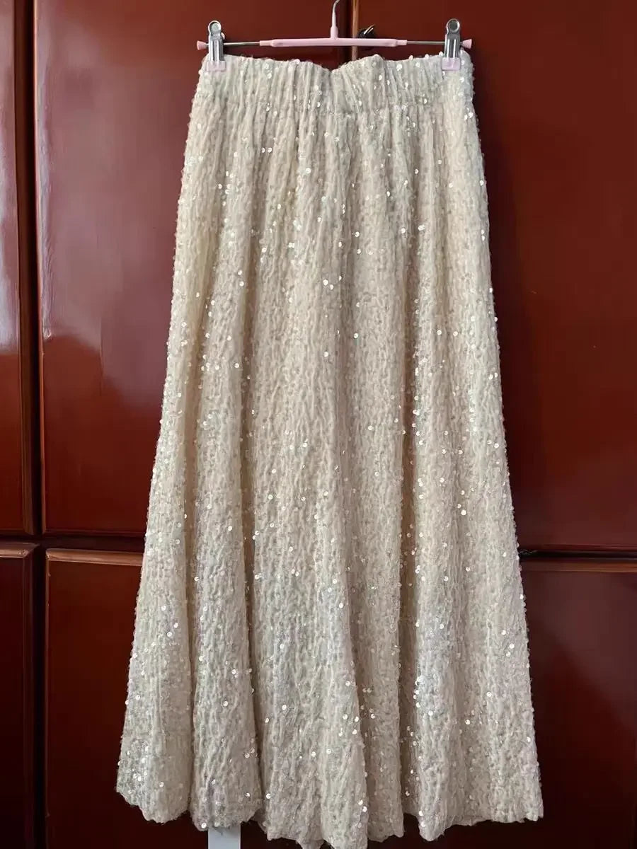 Autumn Bling Bling Sequined Thick Velvet Long Skirt