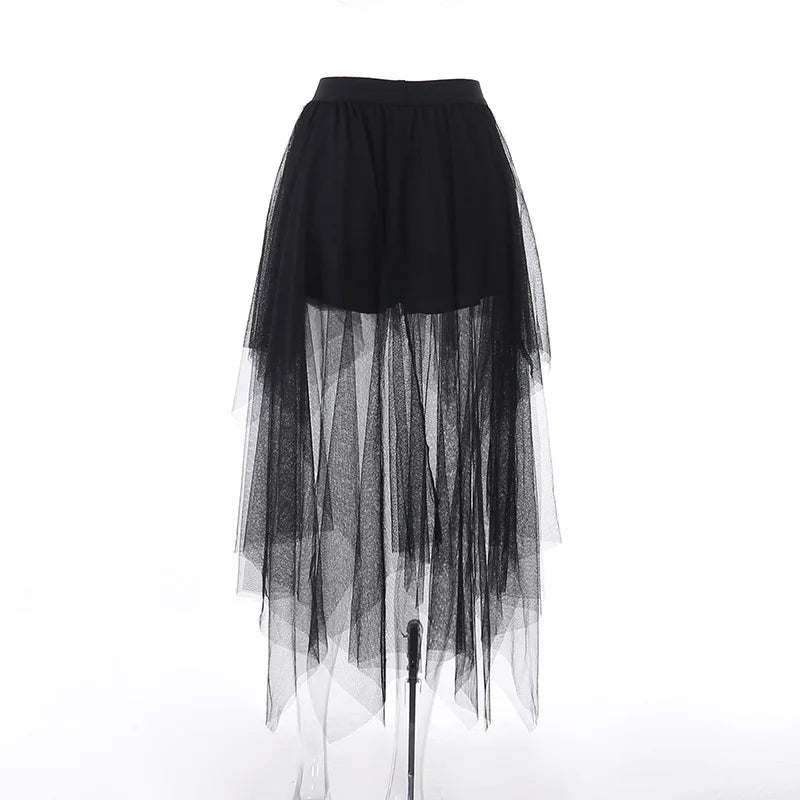Gothic Mesh High-Waisted Asymmetrical Skirt