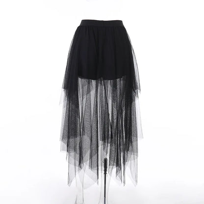 Gothic Mesh High-Waisted Asymmetrical Skirt