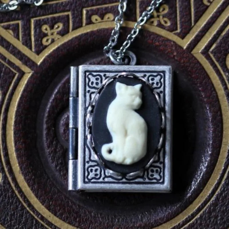 Gothic Grimoire Cat Cameo Pendant Necklace for Women
