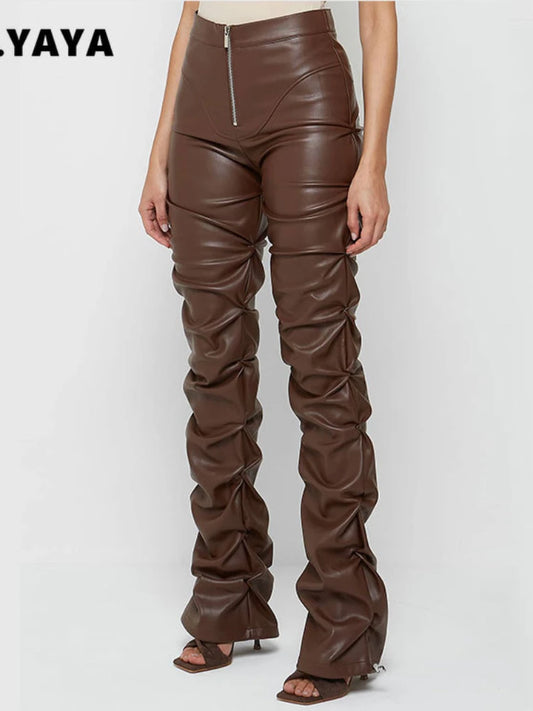 Pleated Faux Leather Skinny Pants for Women