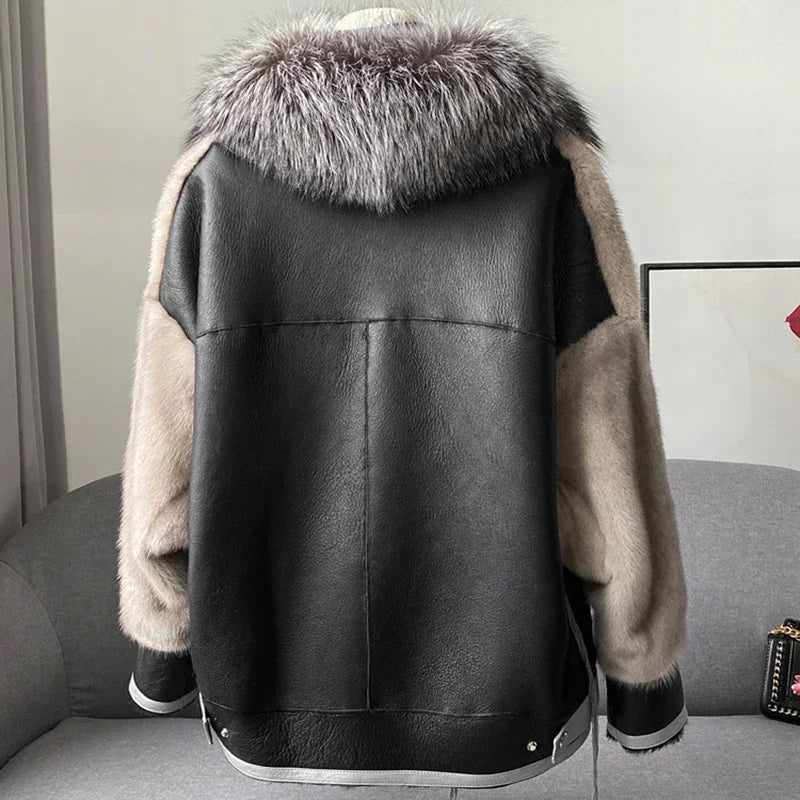 Bomber Jacket with Real Mink Fur Sleeve Natural Silver Fox
