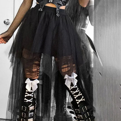 Gothic Mesh High-Waisted Asymmetrical Skirt