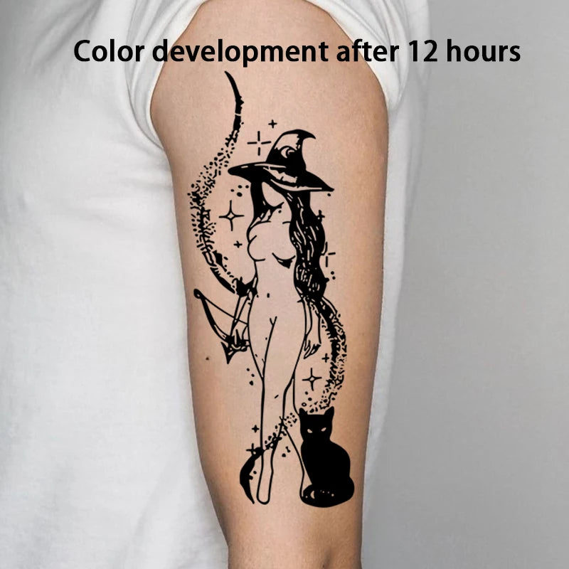 Witch Cat Herbal Temp Tattoo - Trendy Body Art Sticker