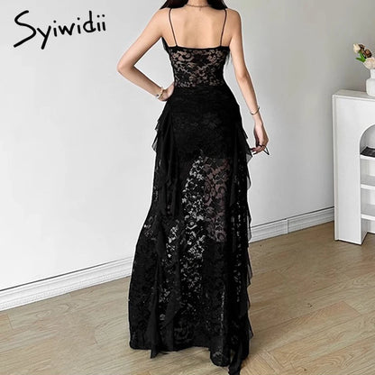 Luxe Lace V-Neck Ruffle Evening Dress