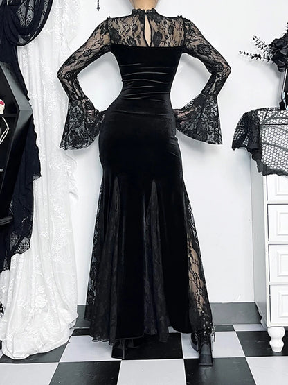 Vintage Lace Flare Gothic Midi Dress for Women