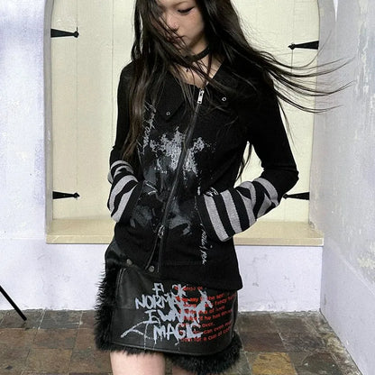 Grunge Graffiti Print Zipper T-shirt Vintage