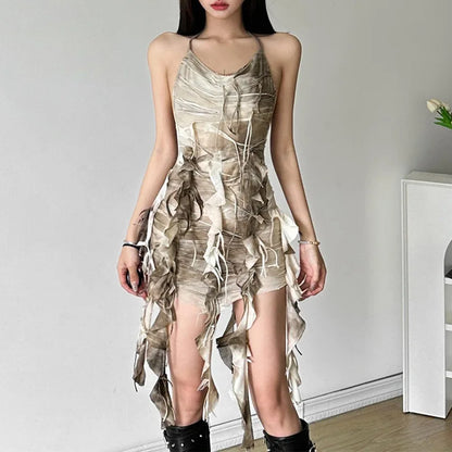 Retro Gradient Summer Halter Dress with Tassels