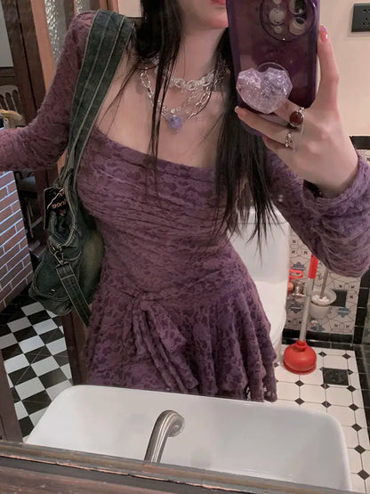 Lace-Inspired Slim-Waist Y2K Tunic Dress