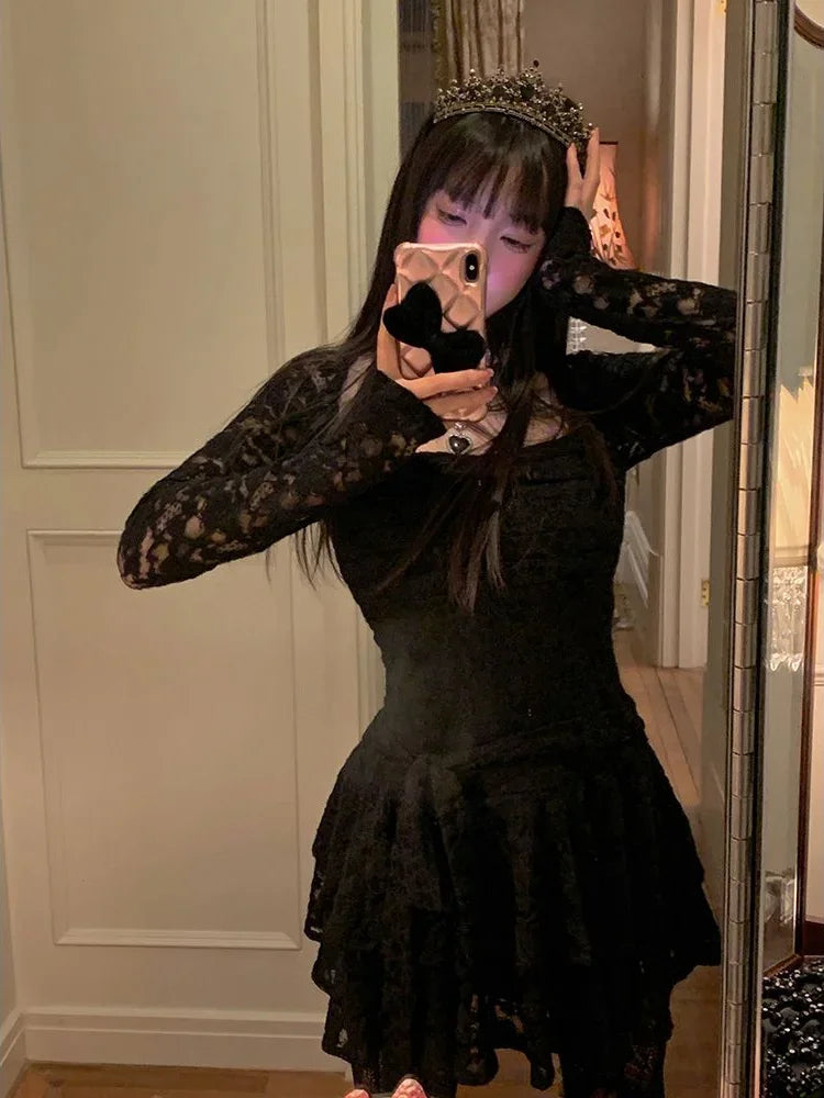 Lace-Inspired Slim-Waist Y2K Tunic Dress