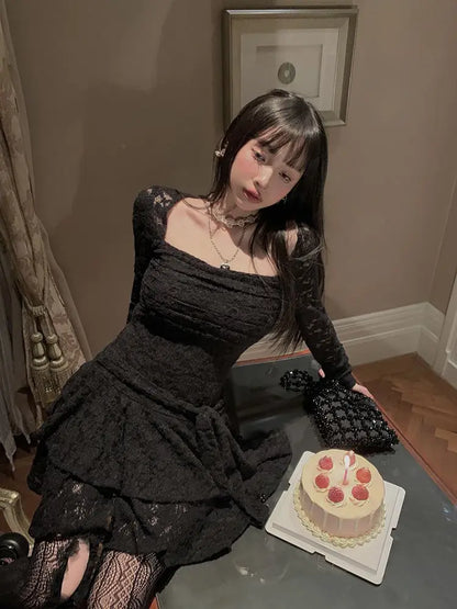 Lace-Inspired Slim-Waist Y2K Tunic Dress