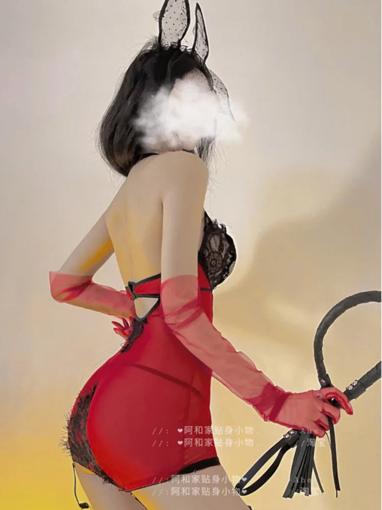 Red Lace Sexy Uniform Gauze Transparent Tight Robe Sweet Fairy