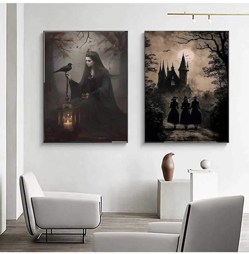 Spooky Retro Wall Art: Witch & Crow Canvas