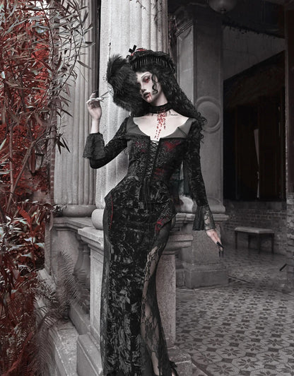 Gothic Velvet Slim Fit Lace Fishtail Dress for Women