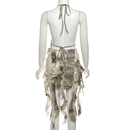 Retro Gradient Summer Halter Dress with Tassels