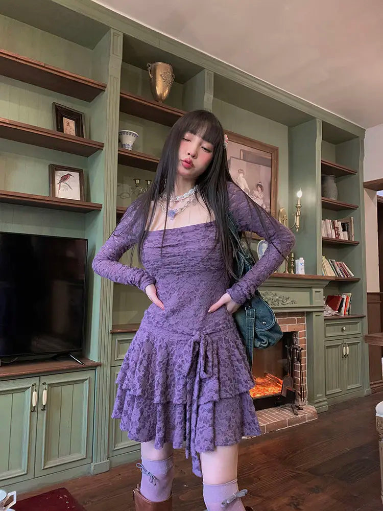 Lace-Inspired Slim-Waist Y2K Tunic Dress