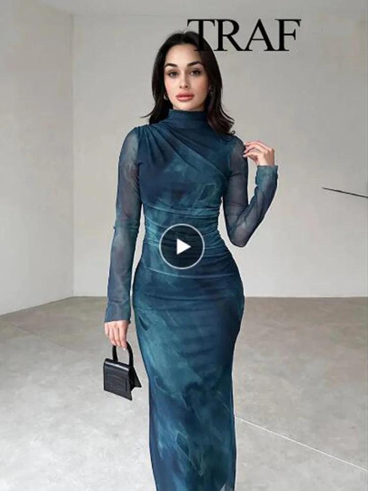 Elegant Print Tulle Midi Dress for Timeless Style