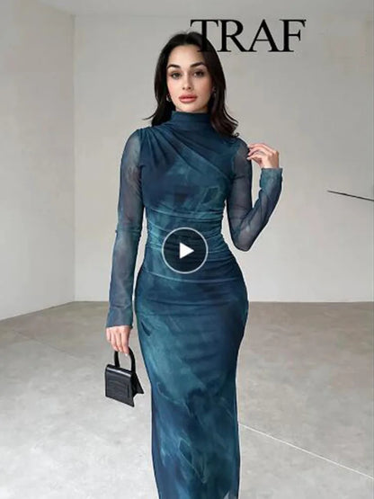 Elegant Print Tulle Midi Dress for Timeless Style