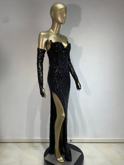 Elegant Black V-Neck Maxi Dress with Gloves & Sequins