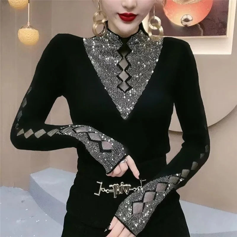 Glimmering Turtleneck Slim Tee for Stylish Women