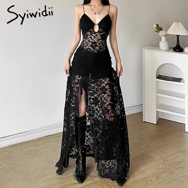 Luxe Lace V-Neck Ruffle Evening Dress