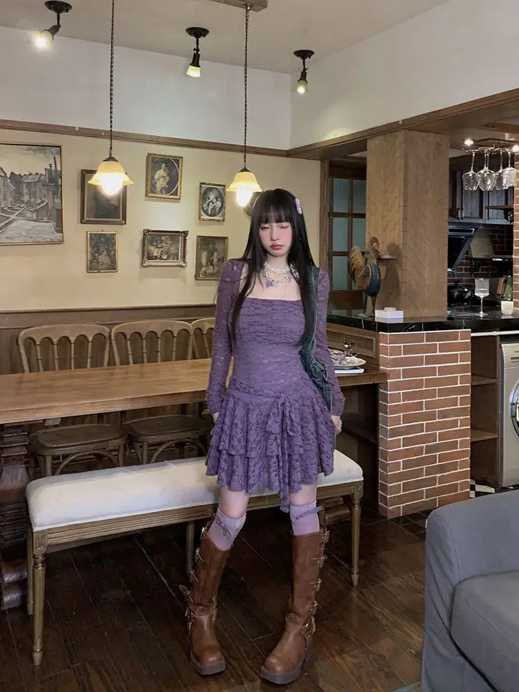 Lace-Inspired Slim-Waist Y2K Tunic Dress