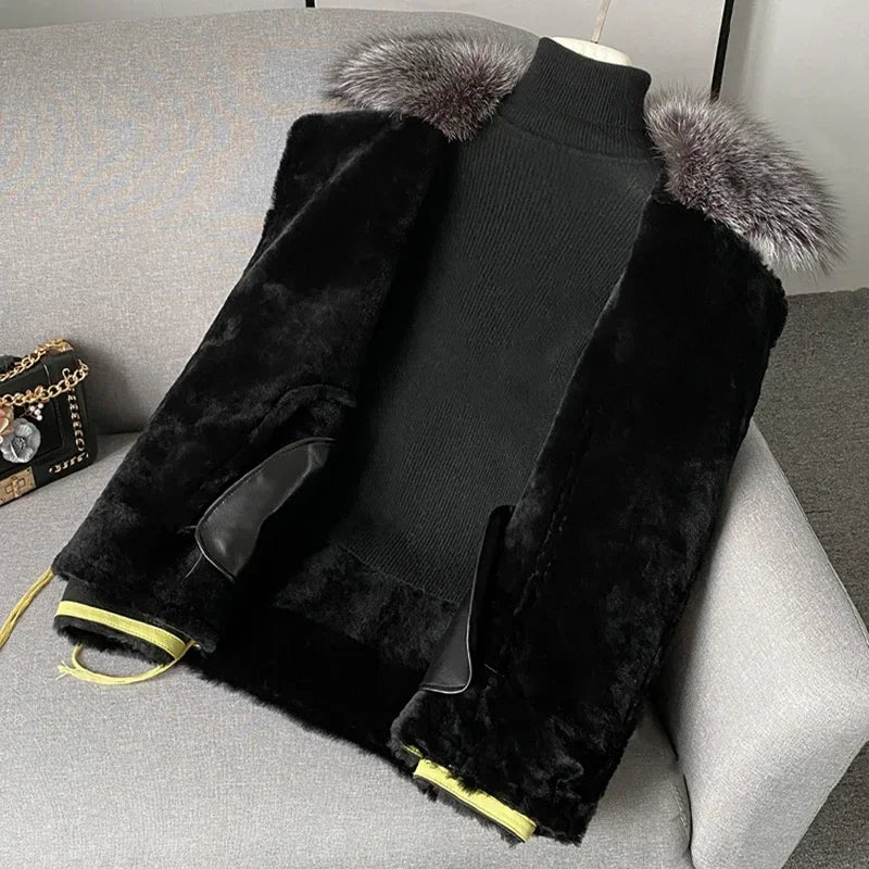 Bomber Jacket with Real Mink Fur Sleeve Natural Silver Fox