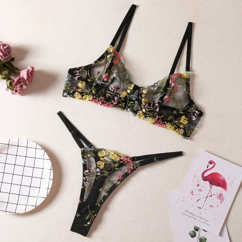 Boho Floral Sheer Lingerie Set: Bra & Panty Duo