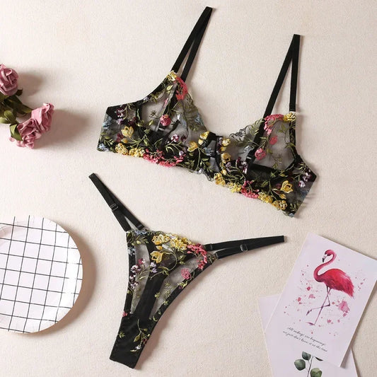 Boho Floral Sheer Lingerie Set: Bra & Panty Duo