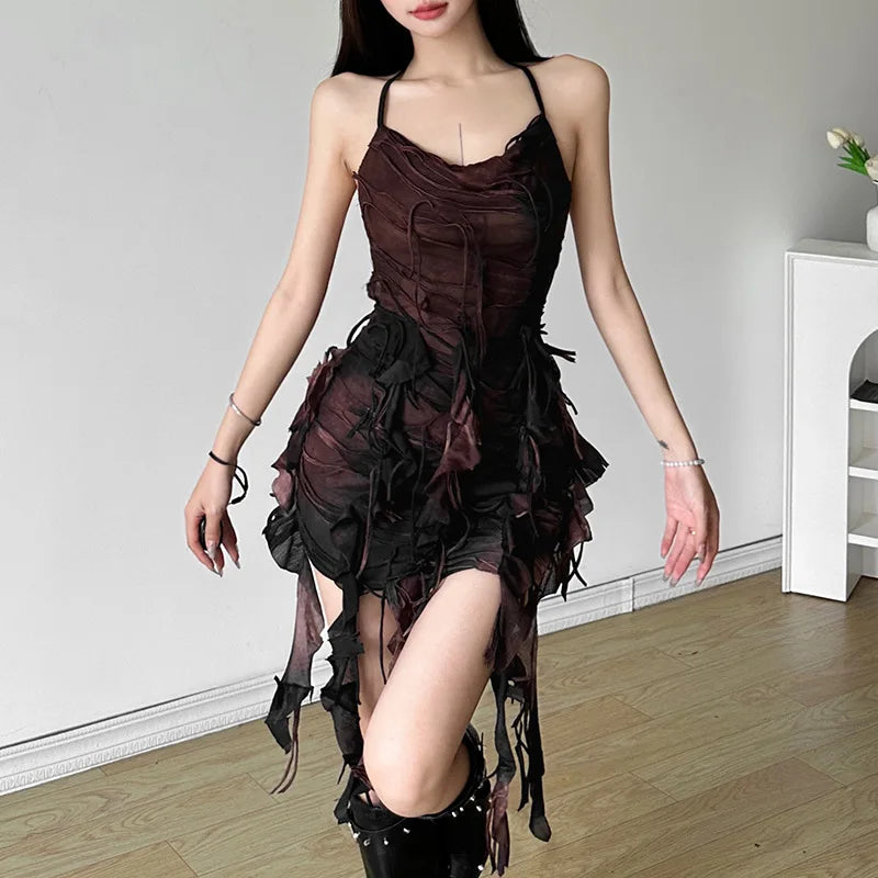 Retro Gradient Summer Halter Dress with Tassels
