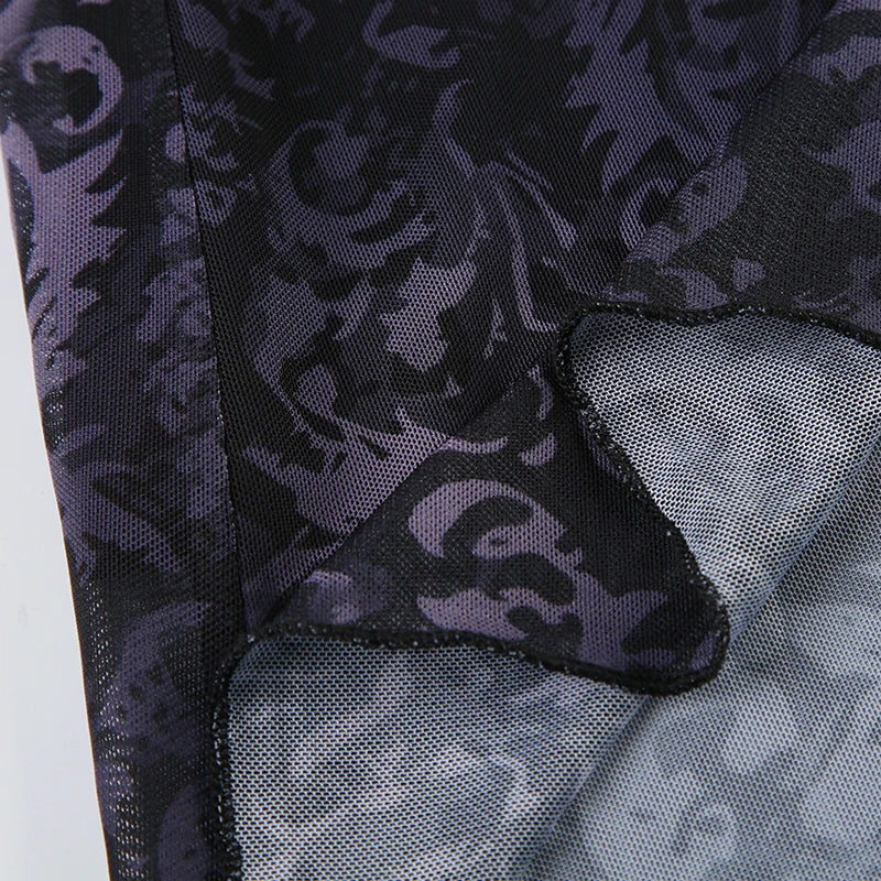 Dark Printed Lace Trim Mesh Dress