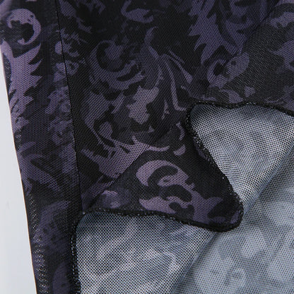 Dark Printed Lace Trim Mesh Dress