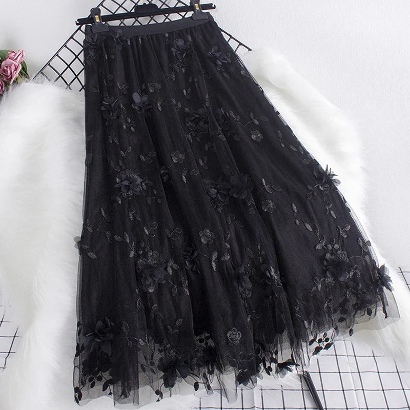 Three-dimensional Floral Decorated Long Mesh Skirts