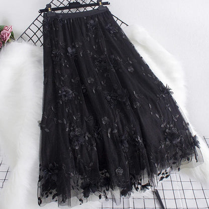 Three-dimensional Floral Decorated Long Mesh Skirts