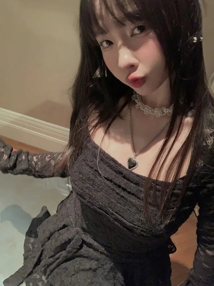 Lace-Inspired Slim-Waist Y2K Tunic Dress