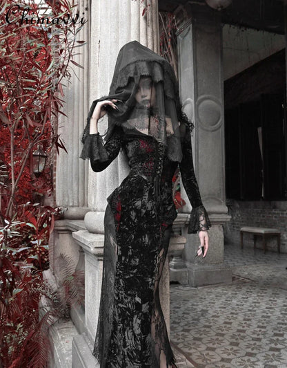 Gothic Velvet Slim Fit Lace Fishtail Dress for Women