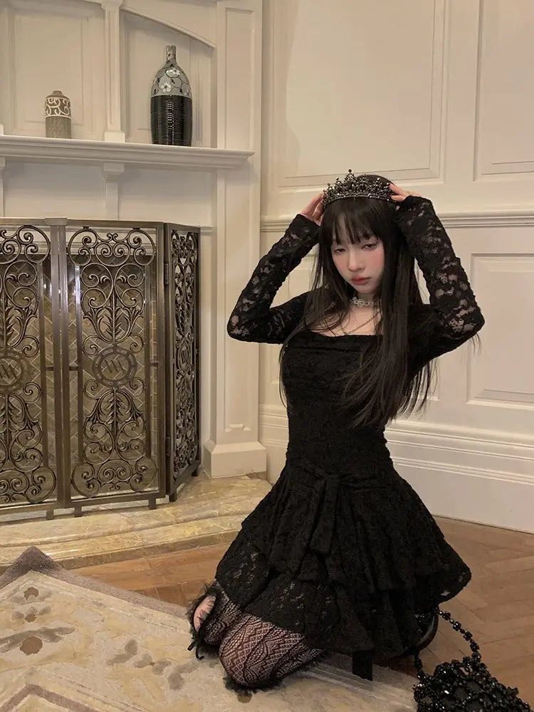 Lace-Inspired Slim-Waist Y2K Tunic Dress