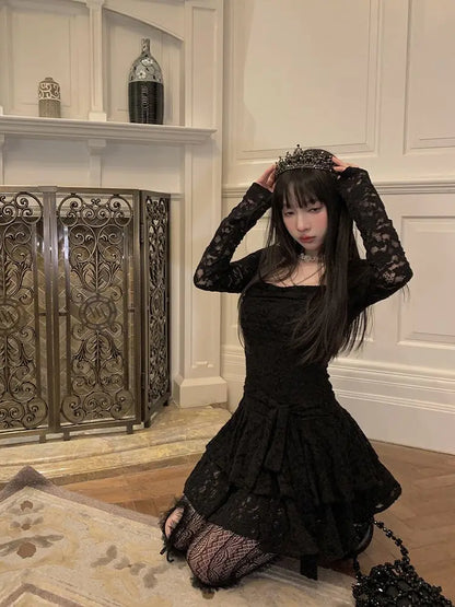 Lace-Inspired Slim-Waist Y2K Tunic Dress
