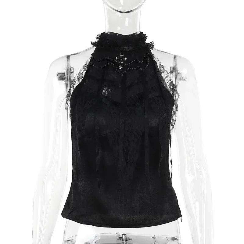 Nostalgic Lace Gothic Crop Tank for Retro Street Style