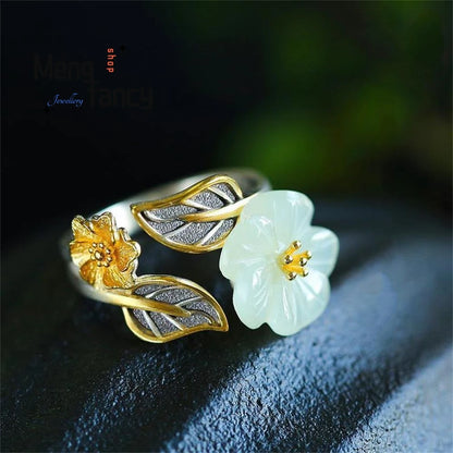 Jade Blossom Silver Eternity Adjustable Ring