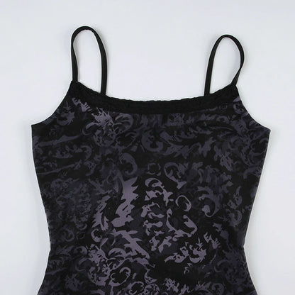 Dark Printed Lace Trim Mesh Dress