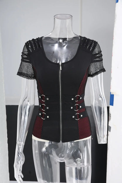 Gothic Plus-Size Fishnet Zipper Top for Summer Fun