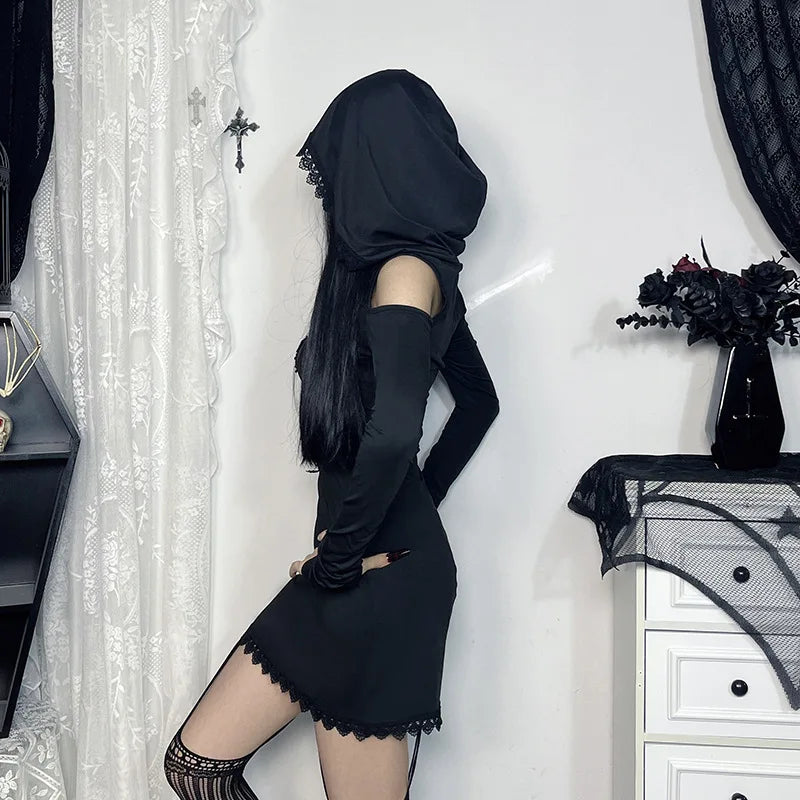 Gothic Velour Hooded Mini Dress
